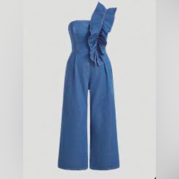 SHEIN Pants - NWT Shein Denim One-Shoulder Ruffled Wide Leg Blue Jean Jumpsuit 2XL